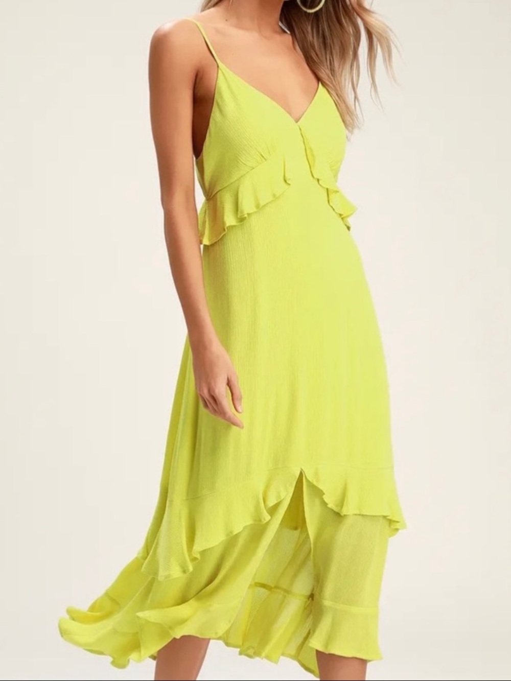 Lulus Island Lime Green Ruffle Midi dress